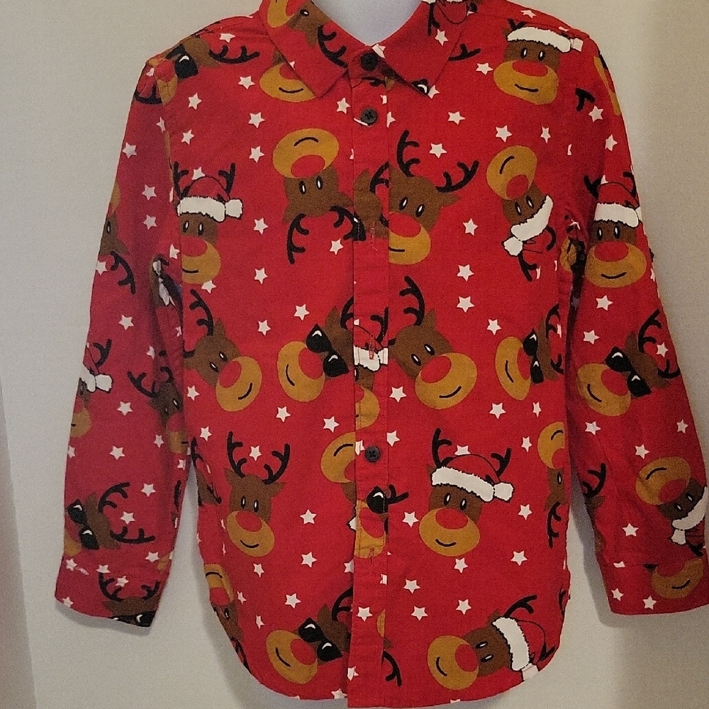 Kids Red Reindeer Button Down Shirt